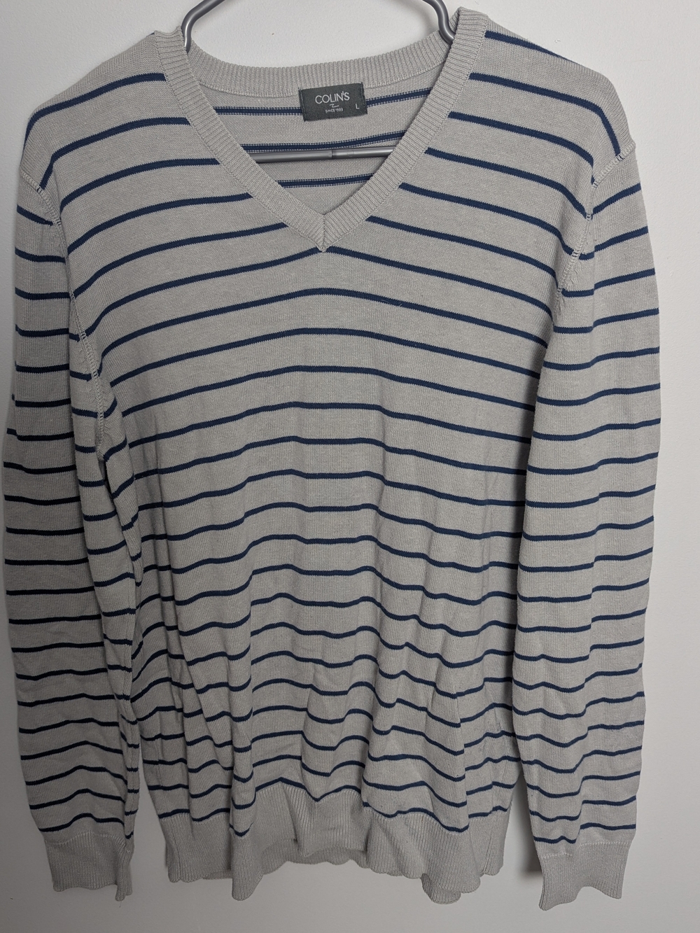 Light Gray V-Neck Sweater with Navy Stripes